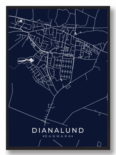 Dianalund byplakat i stilrent design. Denne Dianalund byplakat er med mørkeblå baggrund og viser Dianalund fra sin smukkeste side