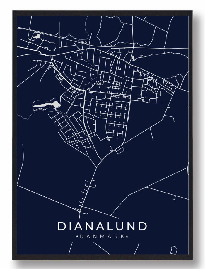 Dianalund byplakat i stilrent design. Denne Dianalund byplakat er med mørkeblå baggrund og viser Dianalund fra sin smukkeste side
