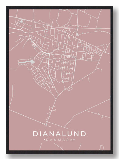 Dianalund byplakat i stilrent design. Denne Dianalund byplakat er med rosa baggrund og viser Dianalund fra sin smukkeste side