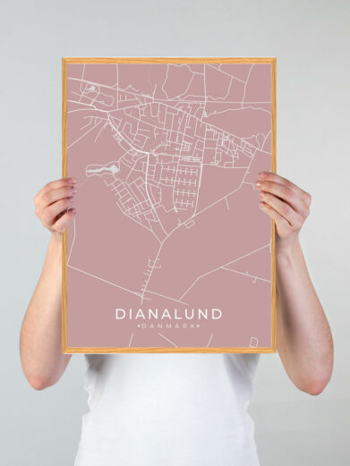 Dianalund byplakat i stilrent design. Denne Dianalund byplakat er med rosa baggrund og viser Dianalund fra sin smukkeste side
