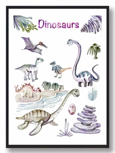 Håndtegnet Dinosaurplakat med mange farverige dinosaurer. Børneplakat i akvarelstil med forskellige dinosaurarter. På tilbud!