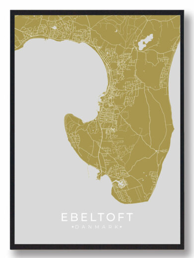 Ebeltoft byplakat i stilrent design. Denne Ebeltoft byplakat er med gul baggrund og viser Ebeltoft fra sin smukkeste side