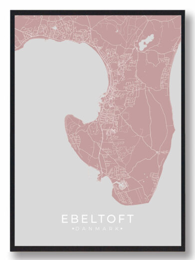 Ebeltoft byplakat i stilrent design. Denne Ebeltoft byplakat er med rosa baggrund og viser Ebeltoft fra sin smukkeste side