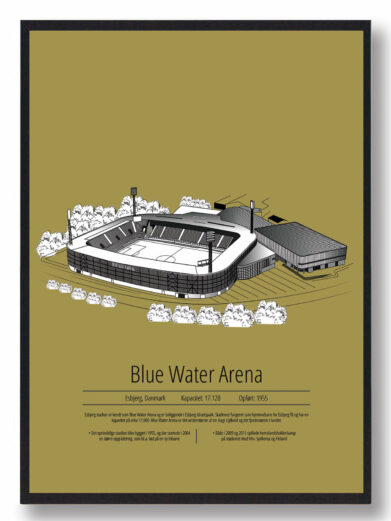 Fodbold plakat med Esbjerg stadion. Denne fodbold plakat med Esbjerg er i flot stilren gul baggrund