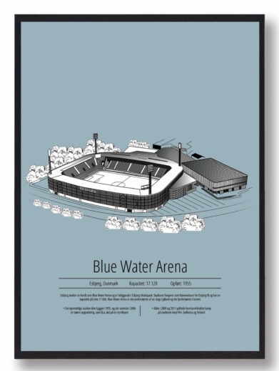 Fodbold plakat med Esbjerg stadion. Denne fodbold plakat med Esbjerg er i flot stilren lyseblå baggrund