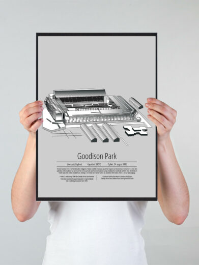 Fodbold plakat med Everton stadion. Denne fodbold plakat med Everton er i flot stilren grå baggrund