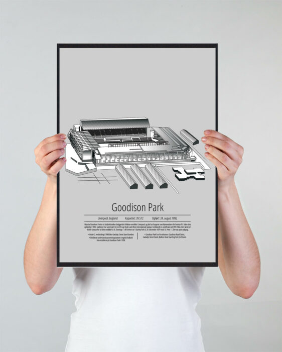 Fodbold plakat med Everton stadion. Denne fodbold plakat med Everton er i flot stilren grå baggrund