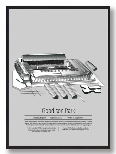 Fodbold plakat med Everton stadion. Denne fodbold plakat med Everton er i flot stilren grå baggrund
