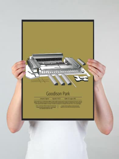 Fodbold plakat med Everton stadion. Denne fodbold plakat med Everton er i flot stilren gul baggrund