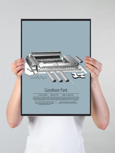 Fodbold plakat med Everton stadion. Denne fodbold plakat med Everton er i flot stilren lyseblå baggrund