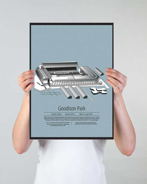 Fodbold plakat med Everton stadion. Denne fodbold plakat med Everton er i flot stilren lyseblå baggrund