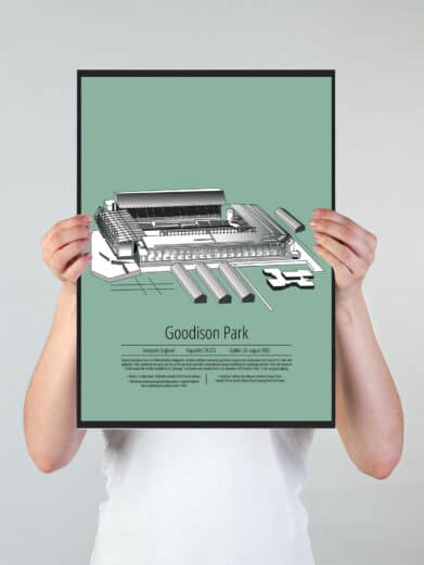 Fodbold plakat med Everton stadion. Denne fodbold plakat med Everton er i flot stilren grøn baggrund