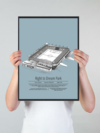 Fodbold plakat med Nordsjælland stadion. Denne fodbold plakat med Nordsjælland er i flot stilren lyseblå baggrund