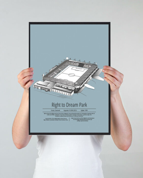 Fodbold plakat med Nordsjælland stadion. Denne fodbold plakat med Nordsjælland er i flot stilren lyseblå baggrund