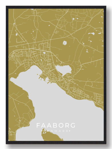 Faaborg byplakat i stilrent design. Denne Faaborg byplakat er med gul baggrund og viser Faaborg fra sin smukkeste side