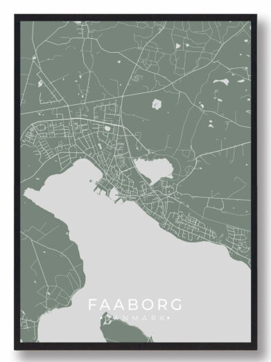 Faaborg byplakat i stilrent design. Denne Faaborg byplakat er med grøn baggrund og viser Faaborg fra sin smukkeste side