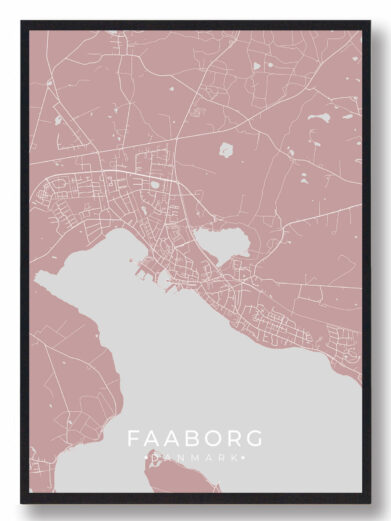 Faaborg byplakat i stilrent design. Denne Faaborg byplakat er med rosa baggrund og viser Faaborg fra sin smukkeste side