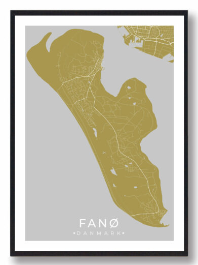 Fanø plakat i stilrent design. Denne Fanø byplakat er med gul baggrund og viser Fanø fra sin smukkeste side