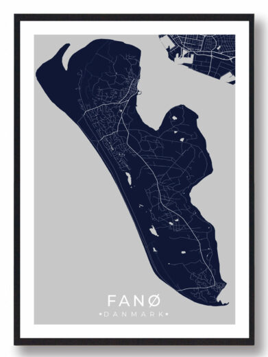 Fanø plakat i stilrent design. Denne Fanø byplakat er med mørkeblå baggrund og viser Fanø fra sin smukkeste side