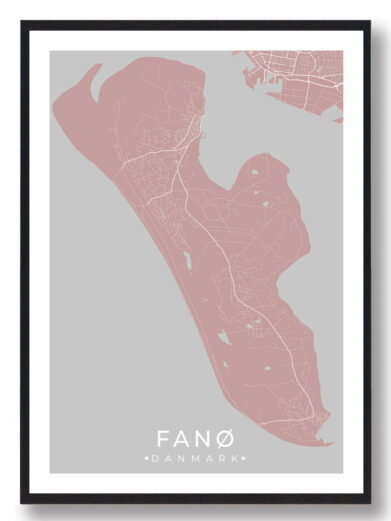 Fanø plakat i stilrent design. Denne Fanø byplakat er med rosa baggrund og viser Fanø fra sin smukkeste side