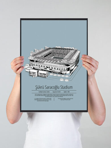 Fodbold plakat med Fenerbahçe stadion. Denne fodbold plakat med Fenerbahçe er i flot stilren lyseblå baggrund