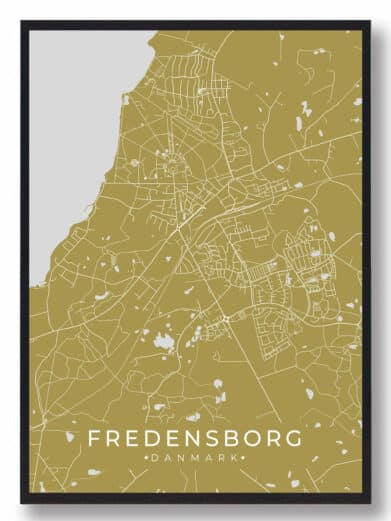Fredensborg plakat i karrygul. Detaljeret bykort over Fredensborg, Sjælland. Moderne design. Perfekt som vægkunst.