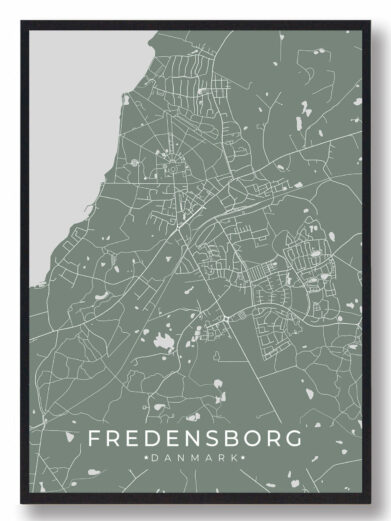 Fredensborg plakat i mintgrøn. Detaljeret kort over byen i Danmark. Stilfuldt design, perfekt til vægdekoration. Køb Fredensborg byplakat online!