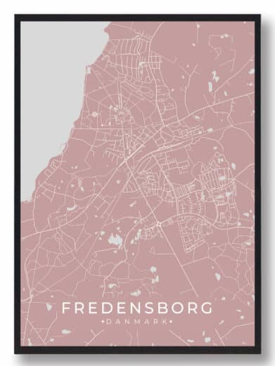 Fredensborg plakat i rosa. Bykort over Fredensborg, Danmark, med hvide linjer på rosa baggrund. Moderne design, perfekt som vægdekoration.
