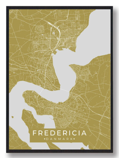 Fredericia byplakat i stilrent design. Denne Fredericia byplakat er med gul baggrund og viser Fredericia fra sin smukkeste side