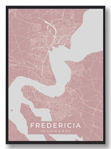 Fredericia byplakat i stilrent design. Denne Fredericia byplakat er med rosa baggrund og viser Fredericia fra sin smukkeste side