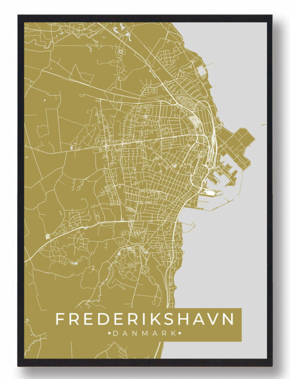 Frederikshavn byplakat i stilrent design. Denne Frederikshavn byplakat er med gul baggrund og viser Frederikshavn fra sin smukkeste side