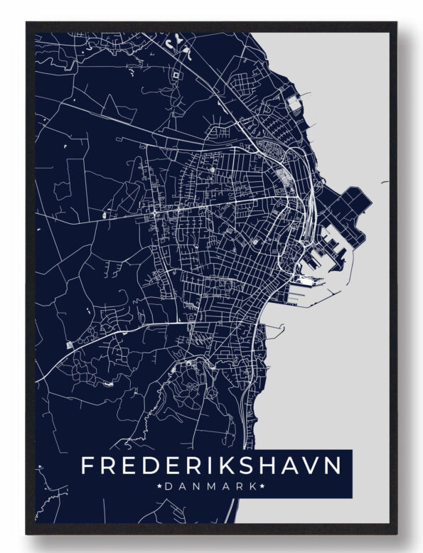 Frederikshavn byplakat i stilrent design. Denne Frederikshavn byplakat er med mørkeblå baggrund og viser Frederikshavn fra sin smukkeste side
