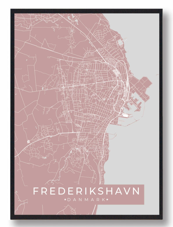 Frederikshavn byplakat i stilrent design. Denne Frederikshavn byplakat er med rosa baggrund og viser Frederikshavn fra sin smukkeste side