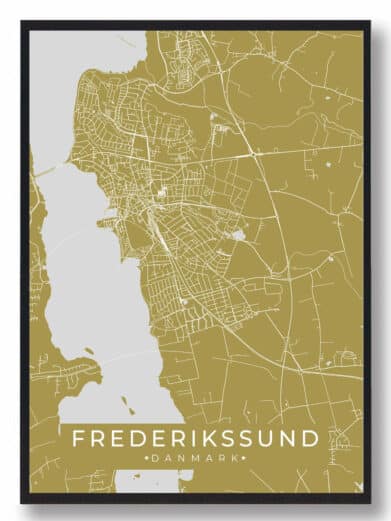 Frederikssund byplakat i stilrent design. Denne Frederikssund byplakat er med gul baggrund og viser Frederikssund fra sin smukkeste side