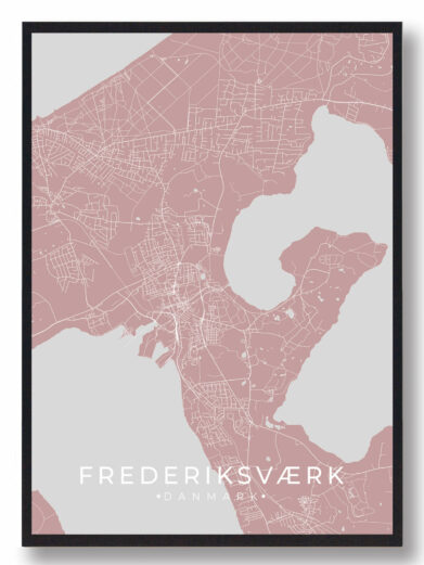 Frederiksværk byplakat i stilrent design. Denne Frederiksværk byplakat er med rosa baggrund og viser Frederiksværk fra sin smukkeste side