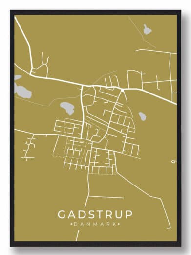 Gadstrup byplakat i karrygul. Minimalistisk design med hvide veje. Perfekt som vægkunst for Gadstrup-entusiaster. Nu på tilbud!