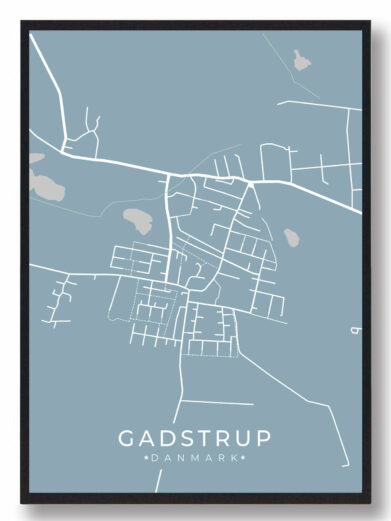 Gadstrup byplakat i lyseblå. Minimalistisk kort over Gadstrup, Sjælland. Elegant og moderne design til dit hjem.