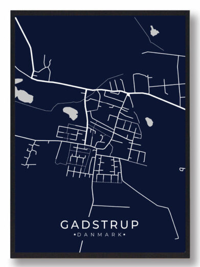 Mørkeblå Gadstrup byplakat med hvide vejdetaljer. Minimalistisk design af Sjælland, Danmark. Perfekt vægkunst til hjemmet.