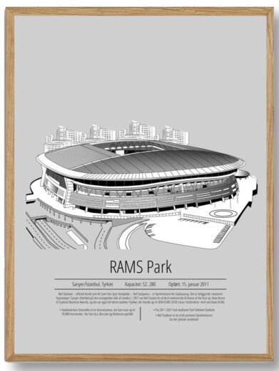 En minimalistisk og stilren plakat, der skildrer Galatasaray på RAMS Park. Den grå baggrund udstråler ro og kontrol, mens stadionets dynamiske struktur bringer en følelse af energi og formål, hvilket giver en stærk og raffineret visuel oplevelse.