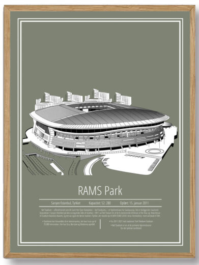 En livlig og inspirerende plakat, der skildrer Galatasaray på RAMS Park. Den grønne baggrund giver en følelse af energi og vækst, mens stadionets struktur fremhæver både holdets styrke og den passion, der driver dem til at opnå storhed.