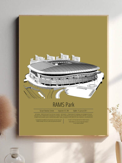 En dynamisk plakat, der fanger Galatasaray på RAMS Park med en kraftfuld gul baggrund. Stadionet står markant frem, og den intense gule farve tilføjer en følelse af energi og passion, som afspejler holdets entusiasme og vilje til at vinde.