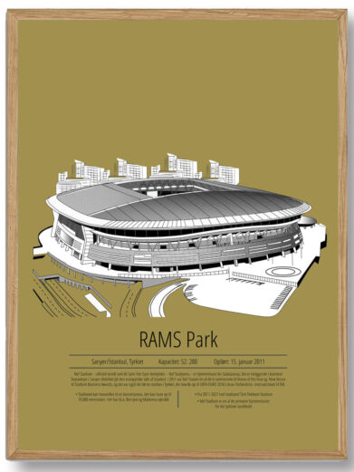 En energisk plakat, der skildrer Galatasaray på RAMS Park. Den gule baggrund udstråler varme, kraft og intensitet, hvilket afspejler både stadionets storhed og holdets passion på banen. Farven giver en visuel kraft, der fanger øjet og spreder en følelse af triumf.