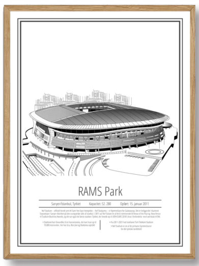 En stilfuld og sofistikeret plakat, der skildrer Galatasaray på RAMS Park. Den hvide baggrund udstråler både energi og elegance, mens stadionets arkitektur forstærker følelsen af professionalisme og stærk præstation, hvilket giver en kraftfuld og inspirerende visuel oplevelse.