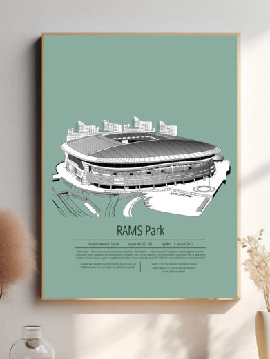 En livlig plakat, der fanger Galatasaray på RAMS Park med en frisk mintgrøn baggrund. Stadionet fremstår i al sin storhed, mens den unikke farve giver en følelse af energi og fornyelse, perfekt afstemt med holdets dynamiske spil.