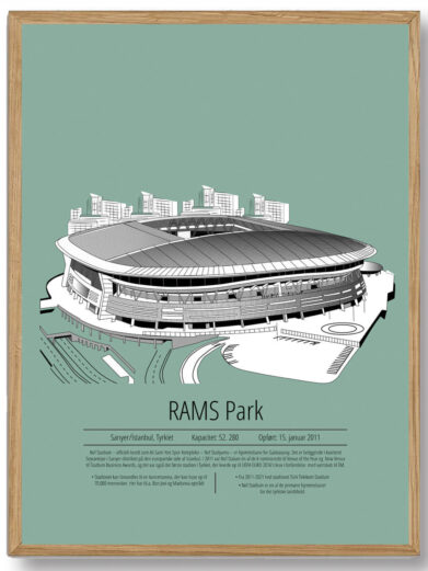 En energisk plakat, der fanger Galatasaray på RAMS Park. Den mintgrønne baggrund giver en forfriskende kontrast til stadionets arkitektur, og farven udstråler både ungdommelig dynamik og en følelse af optimisme, som afspejler holdets ambitioner og kampgejst.