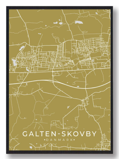Galten Skovby byplakat i stilrent design. Denne Galten Skovby byplakat er med gul baggrund og viser Galten Skovby fra sin smukkeste side