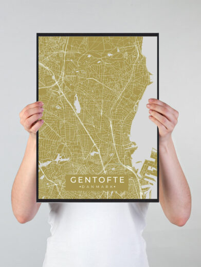 Gentofte byplakat i stilrent design. Denne Gentofte byplakat er med gul baggrund og viser Gentofte fra sin smukkeste side