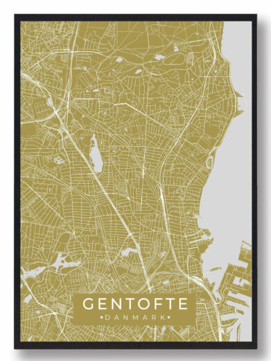 Gentofte byplakat i stilrent design. Denne Gentofte byplakat er med gul baggrund og viser Gentofte fra sin smukkeste side