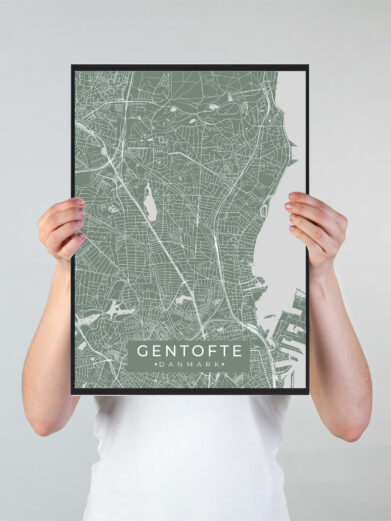 Gentofte byplakat i stilrent design. Denne Gentofte byplakat er med grøn baggrund og viser Gentofte fra sin smukkeste side