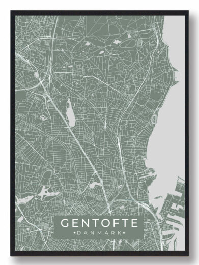 Gentofte byplakat i stilrent design. Denne Gentofte byplakat er med grøn baggrund og viser Gentofte fra sin smukkeste side